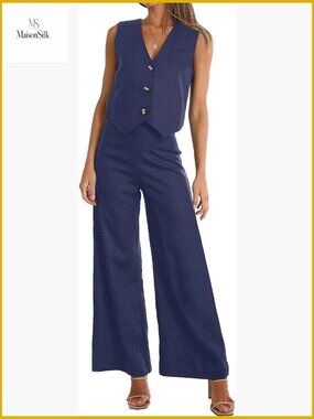 Summer Matching Set Sleeveless Top Wide Leg Pants Cotton Blend Loose Fit